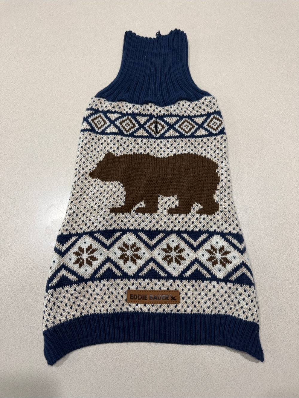 Eddie Bauer Navy, Cream & Brown Bear Motif Turtleneck Dog Sweater